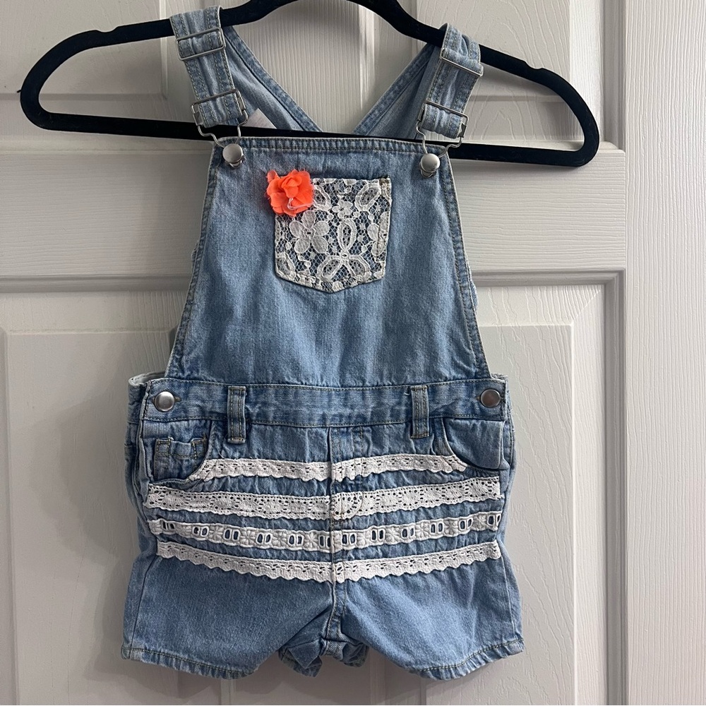 Girls Rule! Light Wash Denim Lace Overalls – Size S (6–6X)